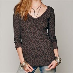 Free People Leopard Print Raw Hem Long Sleeve Thermal Top Brown & Black Size Med